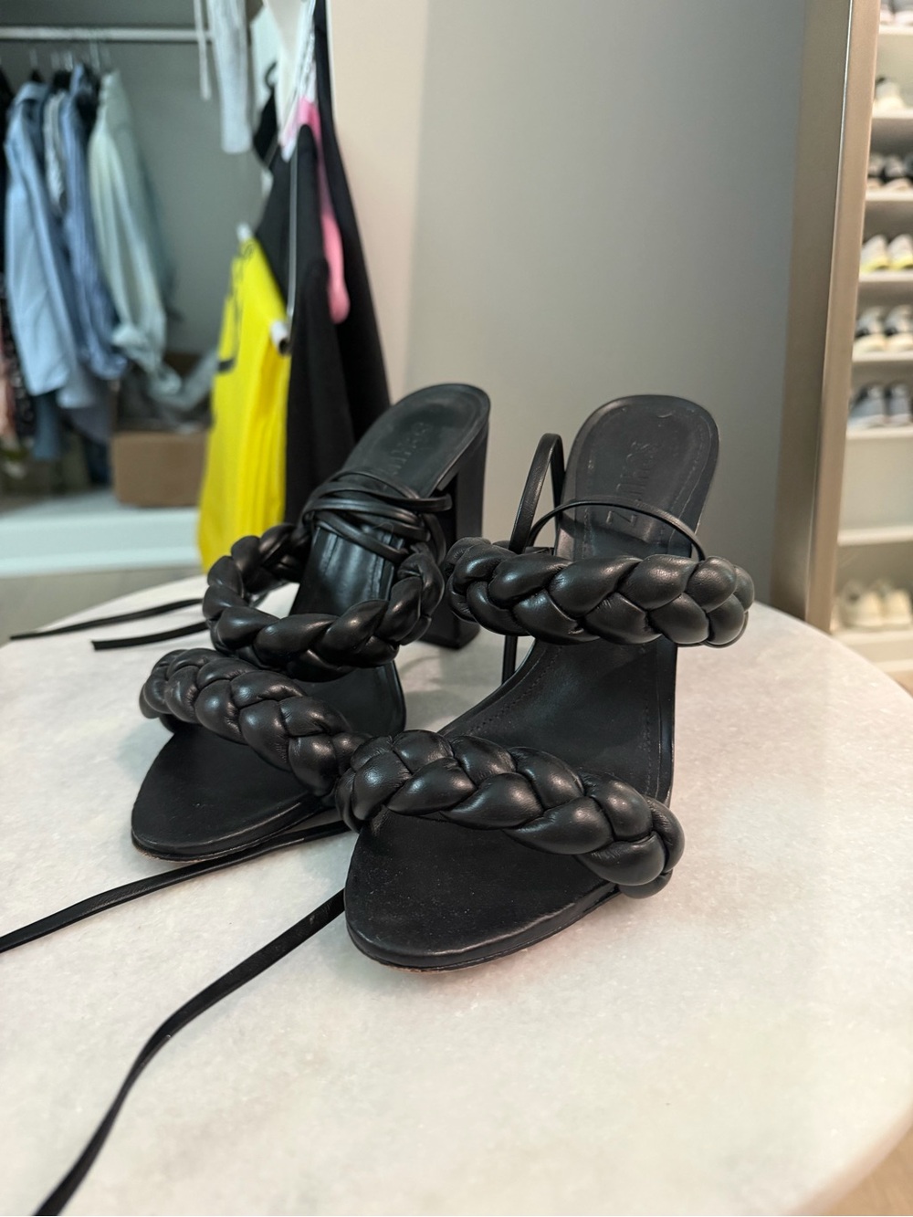 SCHUTZ Black Braided Leather Block Heel Sandals